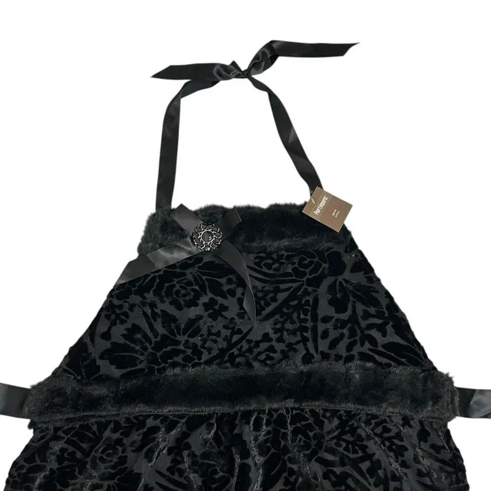 Pier 1 Imports Black Burnout Velvet Faux Fur Hostess Apron Holidays Goth NWT